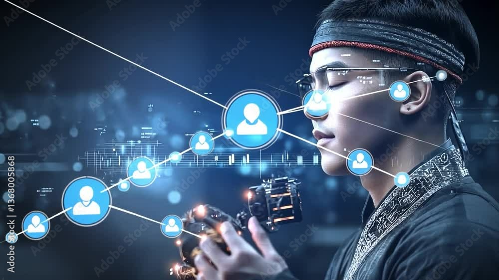 Poster digital weaver: merging tradition and technology, this captivating image portrays a person, immersed