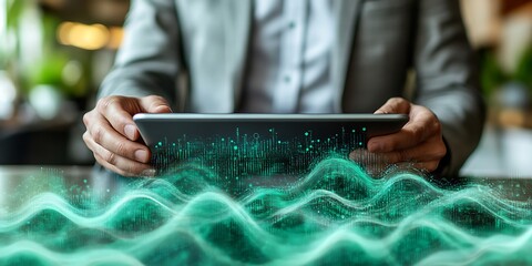 A person holding a digital device with data visualization displayed