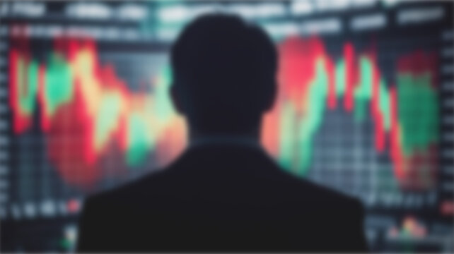 A blurred silhouette of a person is seen in the foreground with a background of a stock market chart displaying a fluctuating trend line in red and green
