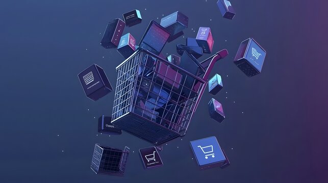 Multilayered digital shopping cart concept with floating e commerce product icons in a futuristic abstract and surreal composition - Powered by Adobe