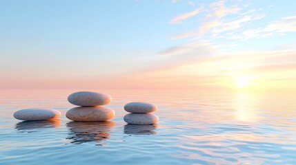 Peaceful and tranquil arrangement of smooth zen stones on a calm beach at sunrise creating a serene and calming atmosphere for meditation relaxation and wellness