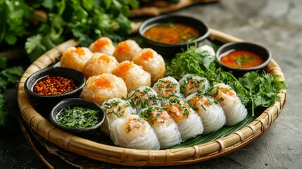 An artistic shot of a plate with various types of  and , garnished with fresh herbs and served with dipping sauces, set against a clean table setting.