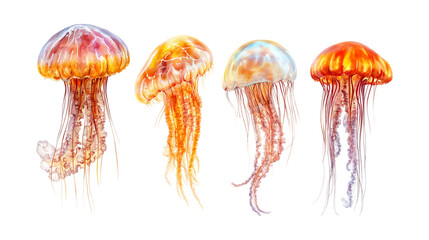 Pack Jolly Jellyfish set in Different Poses Against Transparent Background for Marine Illustrations, Ocean Art, or Aquatic-Themed Designs
