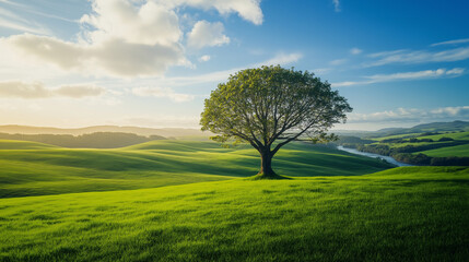 Tranquil Landscape with a Single Tree and Rolling Hills Under a Clear Blue Sky