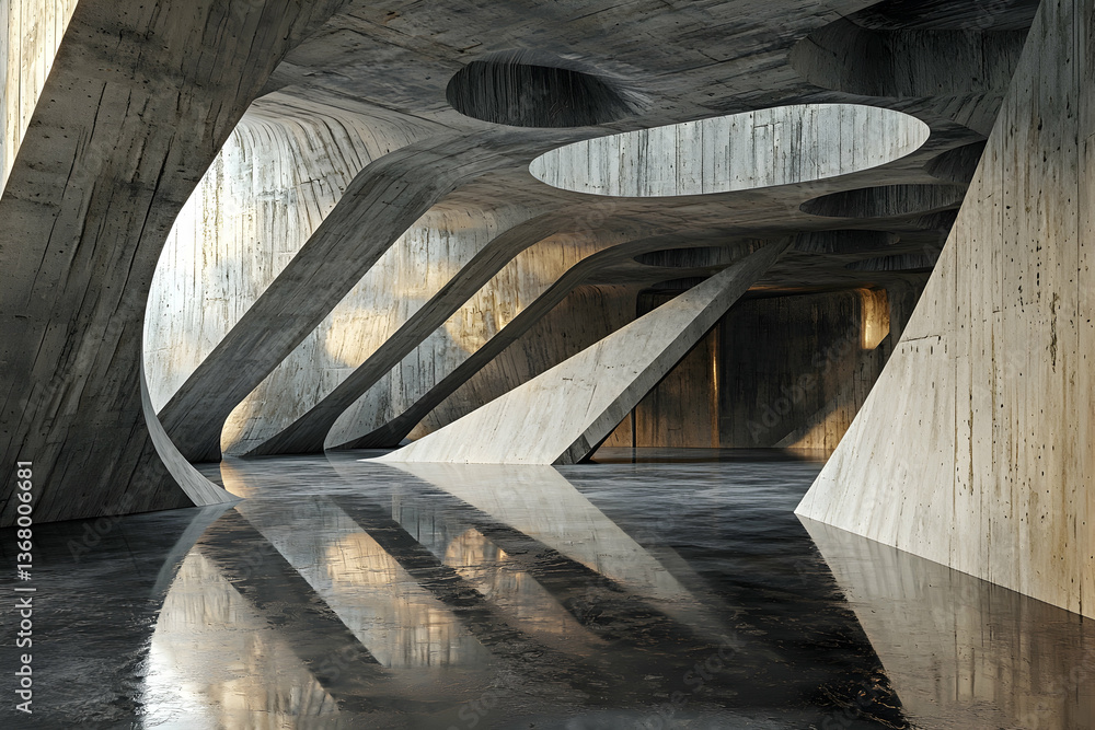 Poster a 3d-rendered empty concrete room with abstract design elements offers a dramatic backdrop.