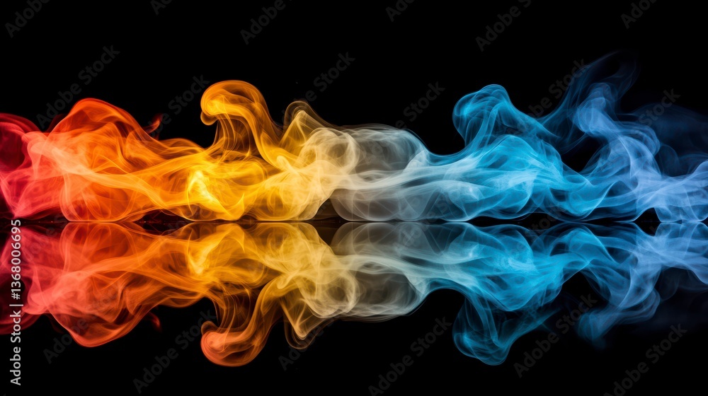Poster abstract colorful smoke swirls reflecting on dark surface.