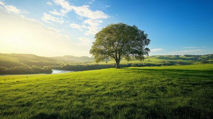 Tranquil Landscape with a Single Tree and Rolling Hills Under a Clear Blue Sky