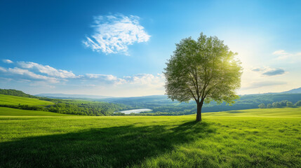 Tranquil Landscape with a Single Tree and Rolling Hills Under a Clear Blue Sky