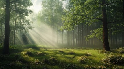 A lush green forest with a lot of trees, and the sunlight is shining through the leaves, creating a serene and peaceful atmosphere. The trees are tall and spread out
