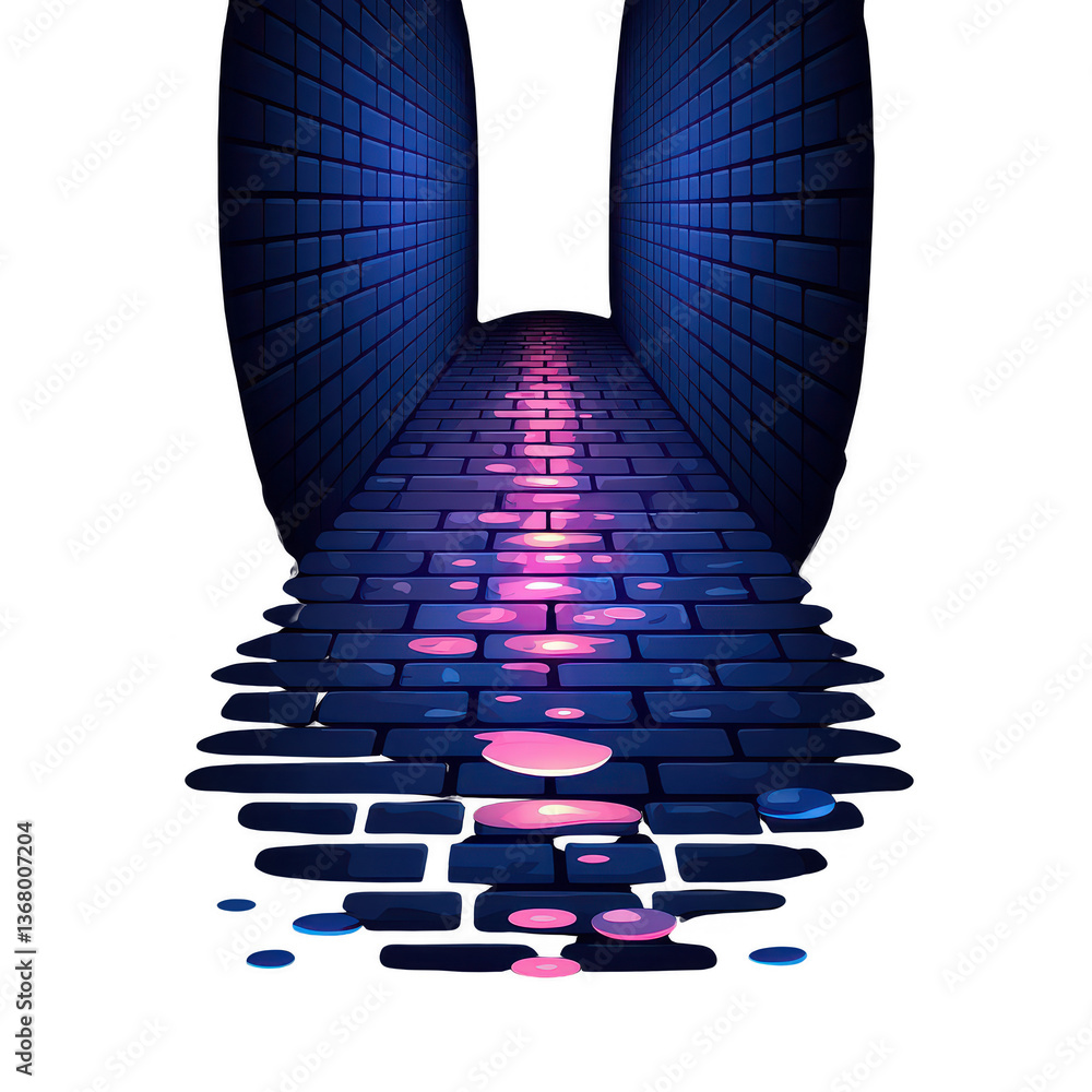 Poster a stylized corridor with vibrant colors and reflections on the floor. the walls are made of blue bri