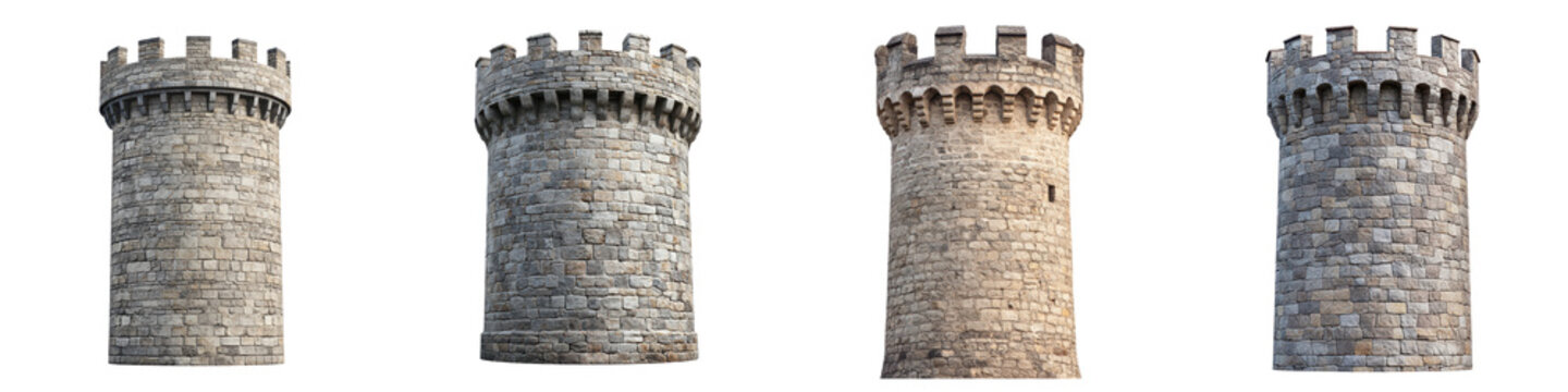 Four tall stone castle towers with battlements and turrets stand as a fortified historic structure against a bright sky
