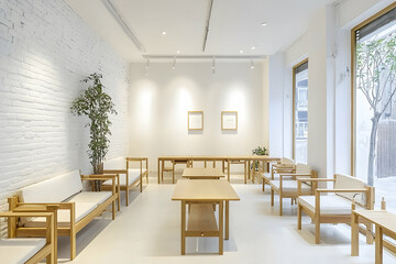 A minimalist office meeting room with white walls and wooden furniture offers a bright, airy space.
