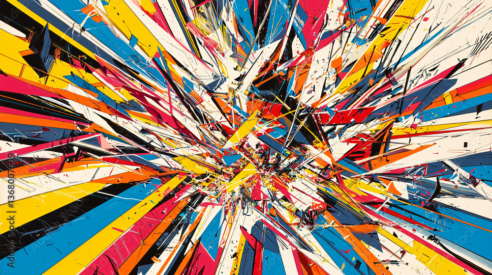 Poster a chaotic explosion of paint featuring fragmented forms and vibrant primary colors creating an abstr