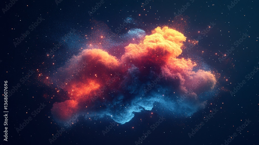 Aufkleber abstract cosmic nebula with fiery orange and cool blue clouds, glowing particles in dark space.