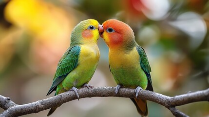 Two green and brown lovebirds tenderly kissing on a natural tree branch in soft daylight, high-detail close-up capturing feather texture with professional color grading and low contrast for serene.