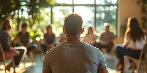 Rear view of person in gray t-shirt, seated among blurred group, sunlight through window, suggesting support group or therapy session