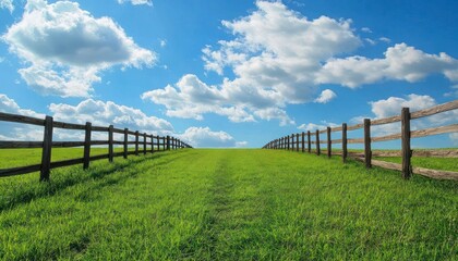 Obraz premium Walking Path Through Green Meadow with Blue Sky and Wooden Fence