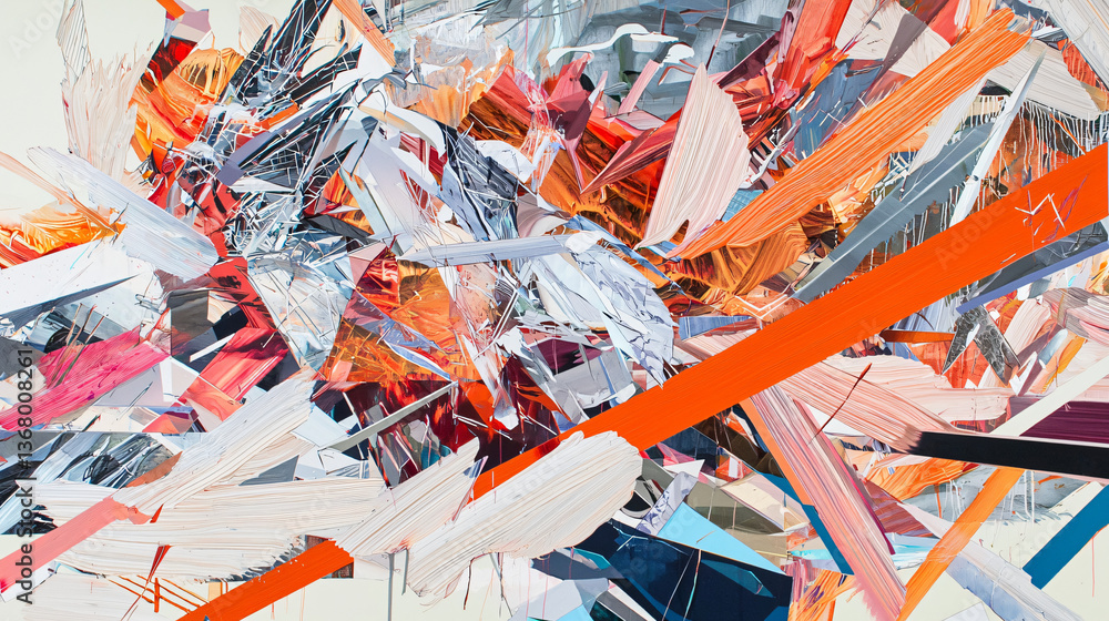 Poster a chaotic yet harmonious composition of overlapping colorful pieces of paper creating a vibrant abst