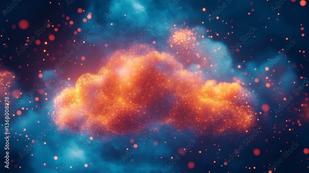 Poster abstract fiery cloud formation in dark blue space with glowing particles.