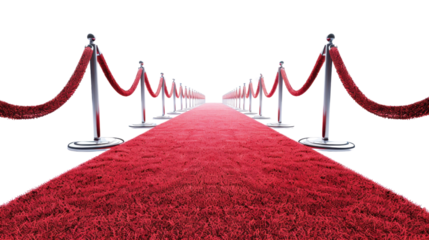 Red carpet leading to vip event with silver stanchions and transparent background