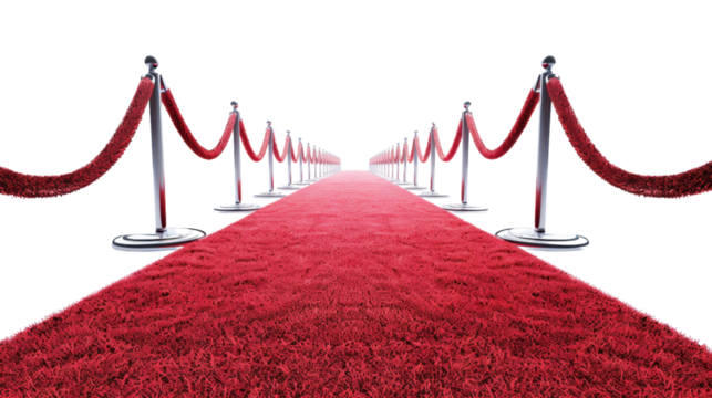 Red carpet leading to vip event with silver stanchions and transparent background