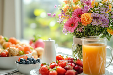 Bright Brunch Table with Fresh Fruits and Flowers by a Sunny Window