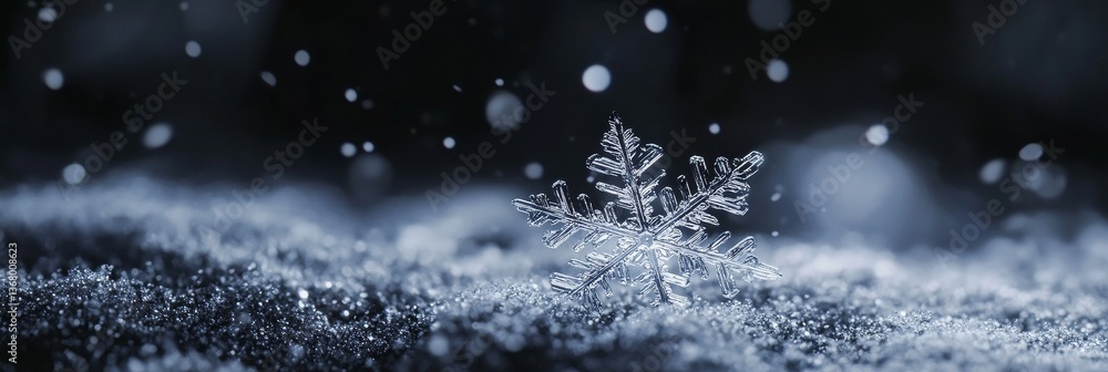 Poster delicate snowflake rests on glittering snow surface