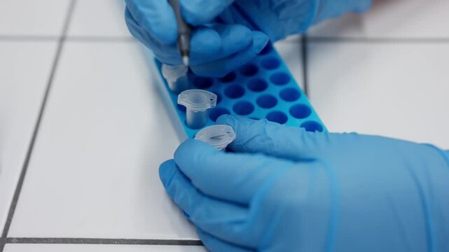 Detail of scientit's hands marking test tubes