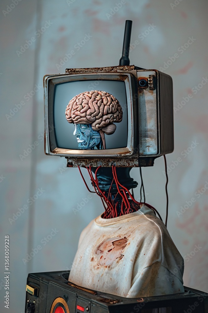 Fototapete Concept image of artificial intelligence: robot displaying brain on tv screen with exposed cables and wires