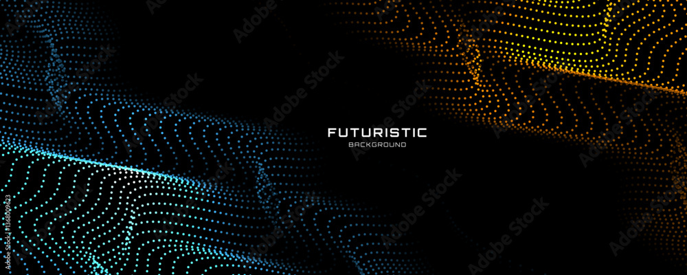 Poster 3d blue yellow techno background on dark space with dotted lines shape effect decoration. modern gra