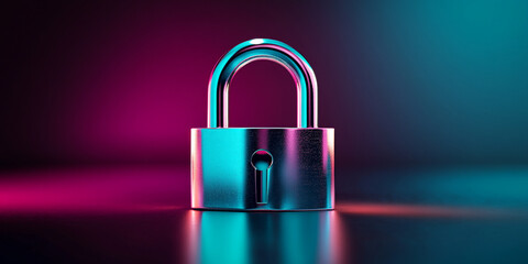 Fototapeta premium Metal padlock on reflective surface, illuminated by pink and teal light, symbolizing security, privacy, and data protection