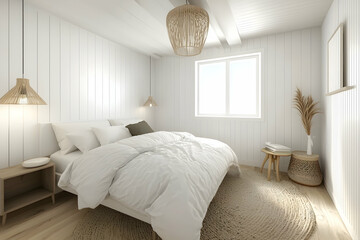 3D-rendered minimalist white bedroom featuring Scandinavian interior design.