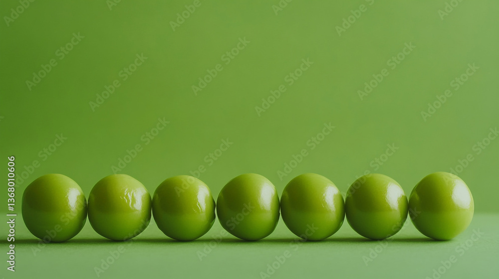 Aufkleber a row of seven green spherical objects against a matching green background in a studio setting