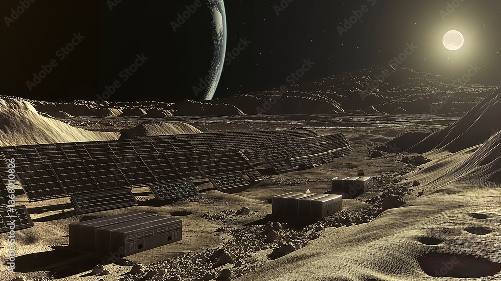 Leinwandbilder this mining equipment is extracting regolith on an asteroid under a bright moon and distant planet.