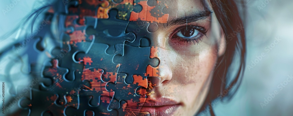 Poster Businesswoman using puzzle pieces as a metaphor for problem-solving in the business world
