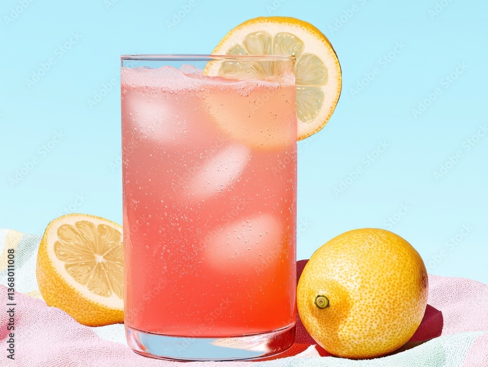 Poster refreshing pink lemonade with lemon garnish and ice on beach towel summer beverage