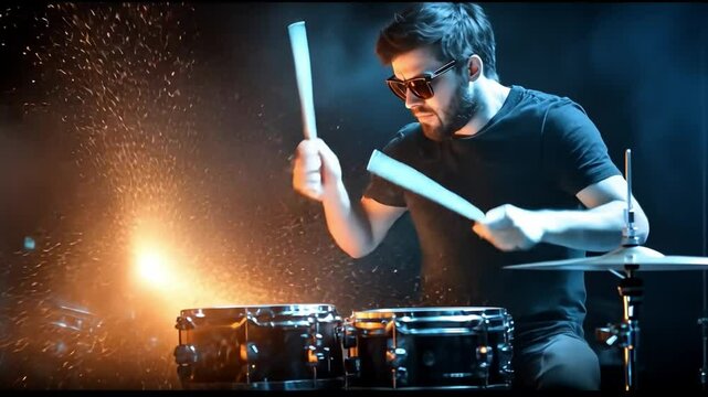 Drummer in Action: A dynamic drummer passionately playing a drum set, creating a burst of energy, illuminated by dramatic lighting, capturing the rhythm and music.