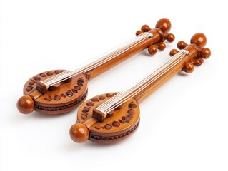Fototapeta premium Pair of Miniature Brown Wooden Stringed Instruments on White Background