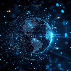 Obraz premium Digital globe with glowing lines and particles. Abstract representation of Earth in futuristic style, showing continents with technology-based design elements.