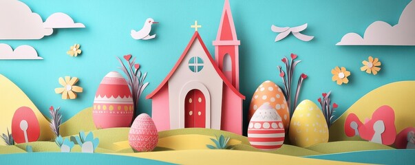 Easter church craft A colorful paper art scene featuring a church and decorated eggs against a vibrant background.