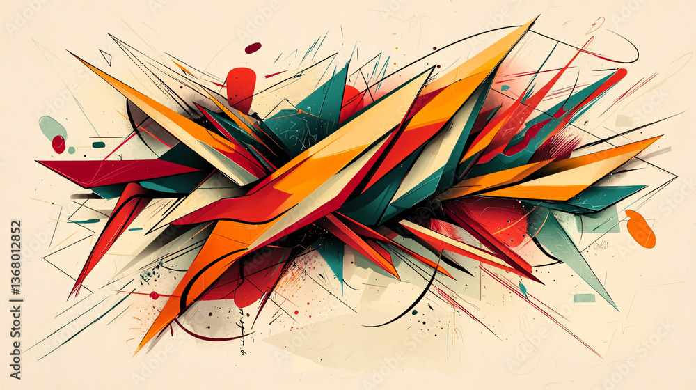 Poster vibrant and colorful abstract design featuring jagged geometric shapes intertwined with flowing orga