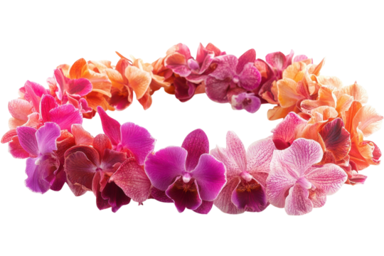 A vibrant orchid lei, a breathtaking circle of sunset hues, symbolizing celebration and tropical paradise against a pure white backdrop.