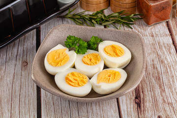 Boiled chicken eggs with bright yolk