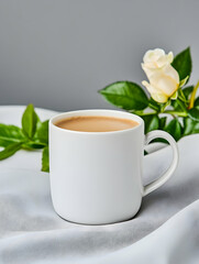 Creamy coffee in white mug with white rose