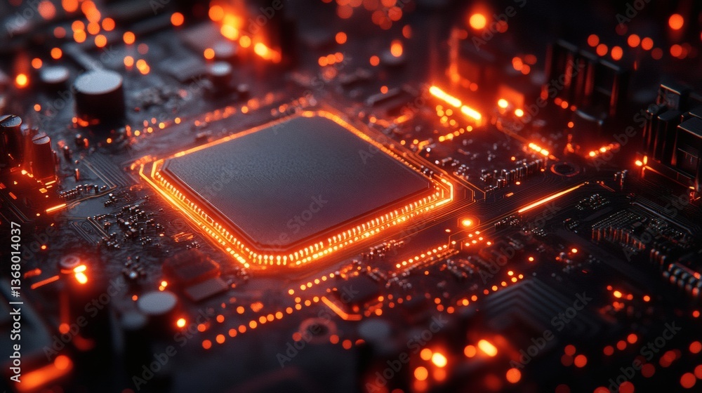 Poster tech-inspired visual with glowing pathways resembling a futuristic motherboard
