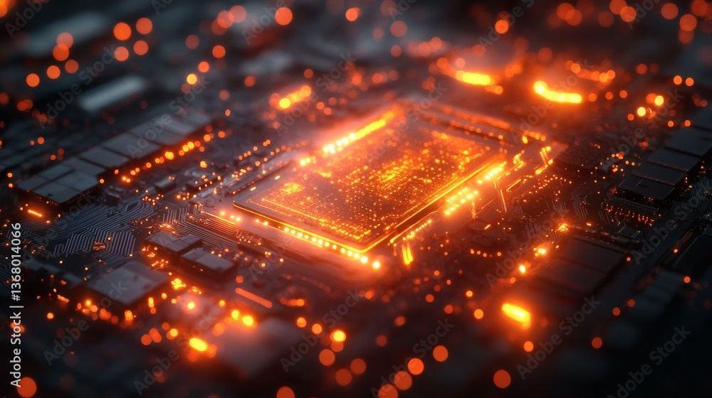 Poster tech-inspired visual with glowing pathways resembling a futuristic motherboard
