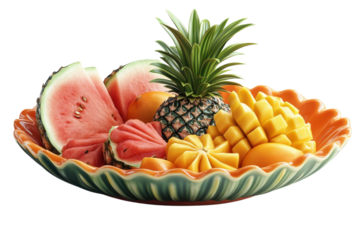 A vibrant summer fruit platter brimming with juicy watermelon, sweet mango, and a refreshing pineapple, artfully arranged in a scalloped ceramic bowl, bathed in bright, natural light.