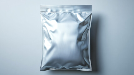 A shiny silver foil pouch with a zip lock closure on a light blue background in a studio setting
