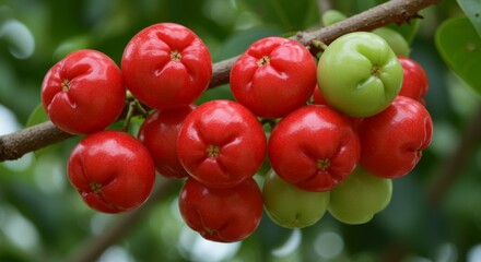 Obraz premium Lush Cluster of Ripe and Unripe Surinam Cherries on a Branch in Natural Light