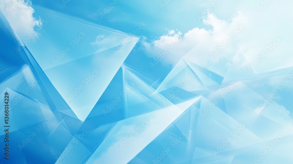 Poster abstract blue geometric shapes against a bright sky with clouds.